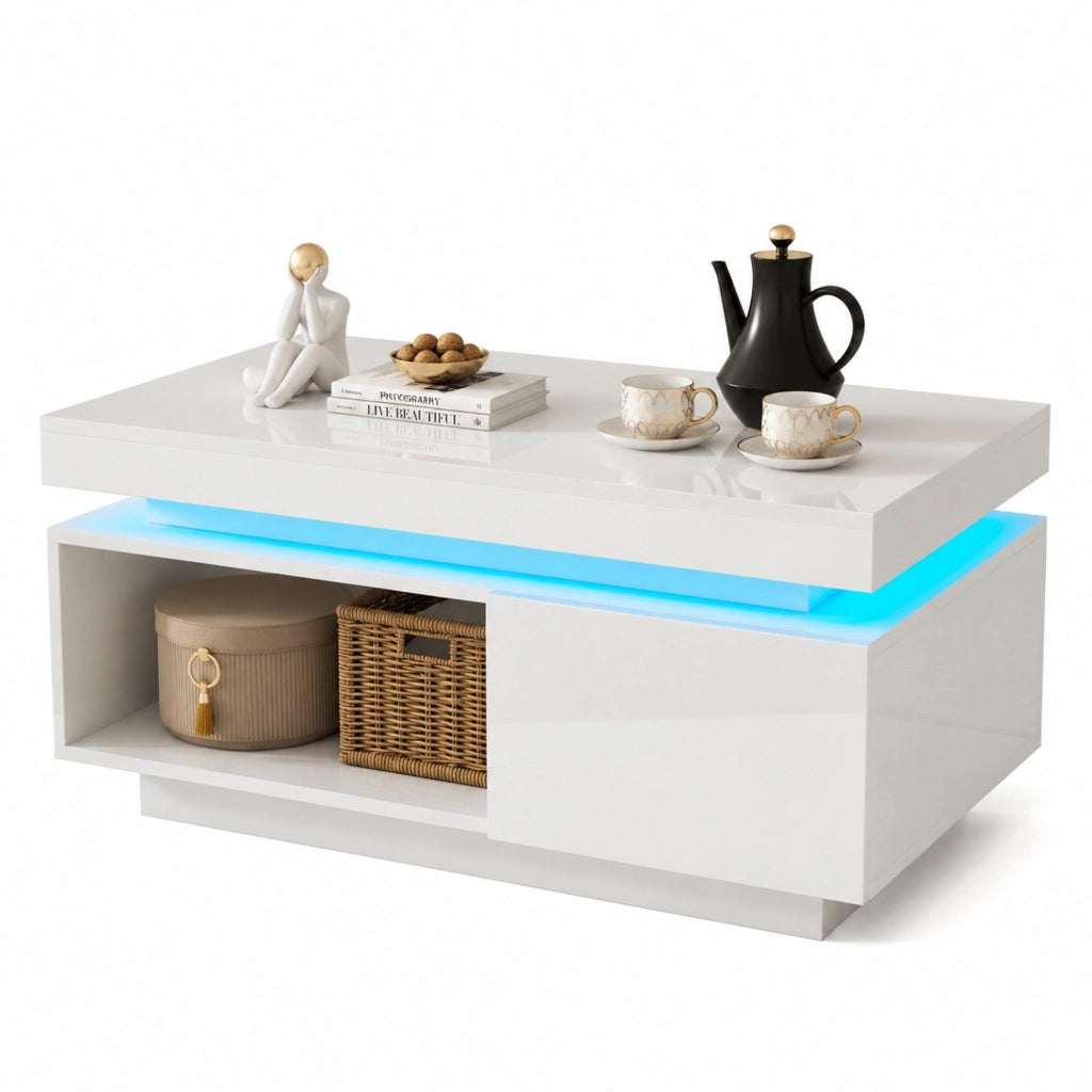 TAVOLINO DA CAFFÈ LED 100x50x40,3 cm Bianco Pannello di legno con cassetto