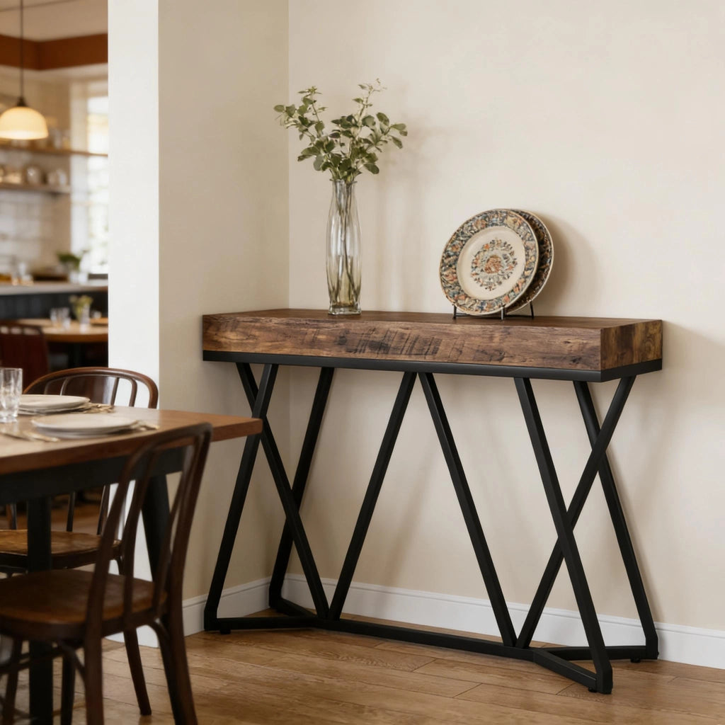 Consolle industriale in MDF e metallo, piano effetto legno per ingresso e soggiorno, nero e marrone rustico, 140 × 30 cm