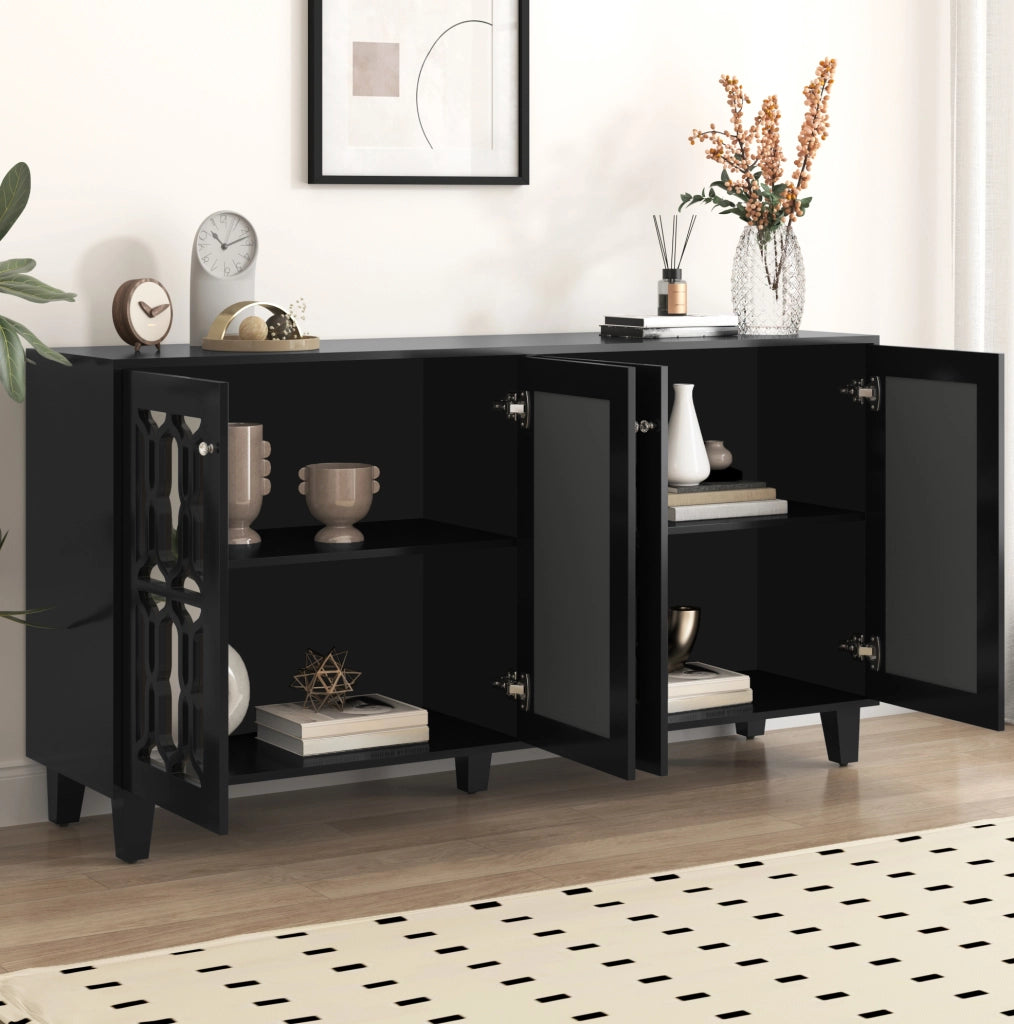 Credenza nera a specchio 160 cm con 4 ante e ripiani mobili