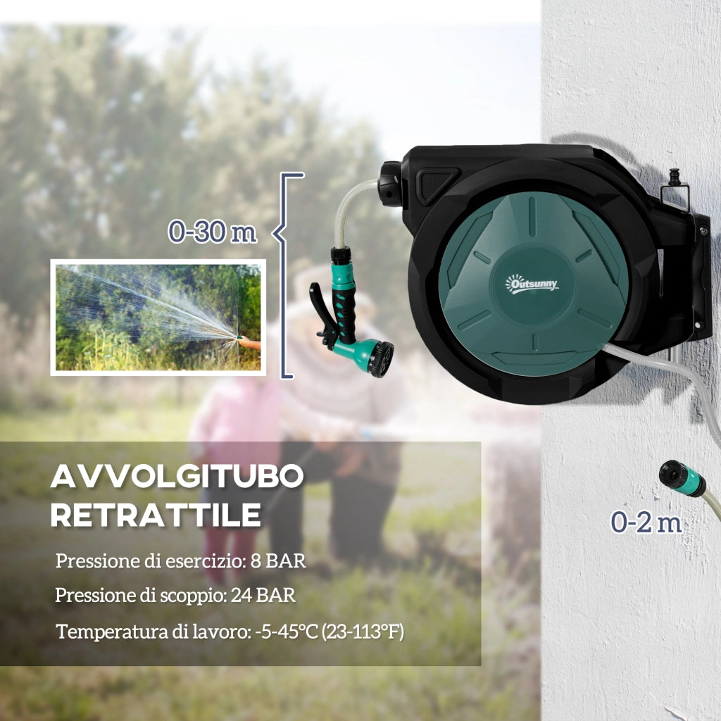 Avvolgitubo da Giardino Retrattile con Tubo dell'Acqua 30+2 m, da Parete & da Manico, Girevole, 7 Modalit¨¤, Nero