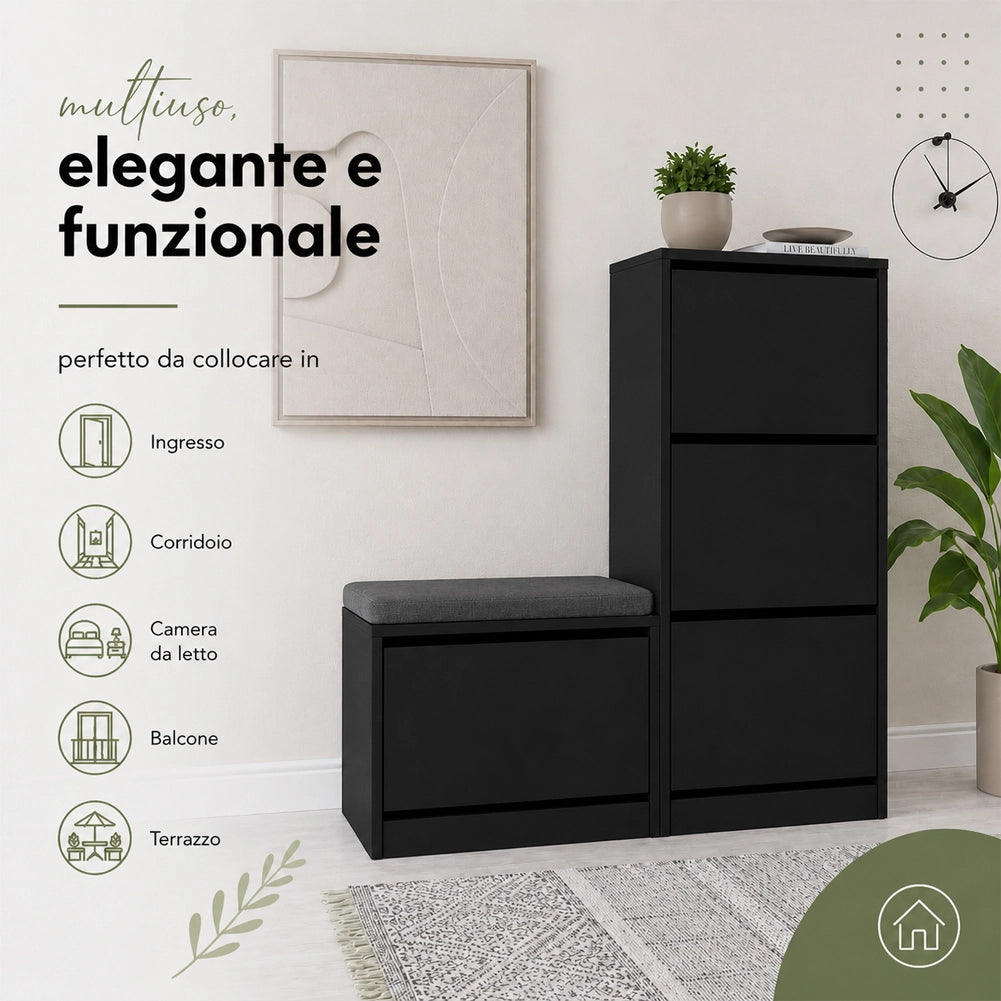 Scarpiera Salvaspazio 3 Ante Mobile Portascarpe 105x118,5 cm Multiuso Nero