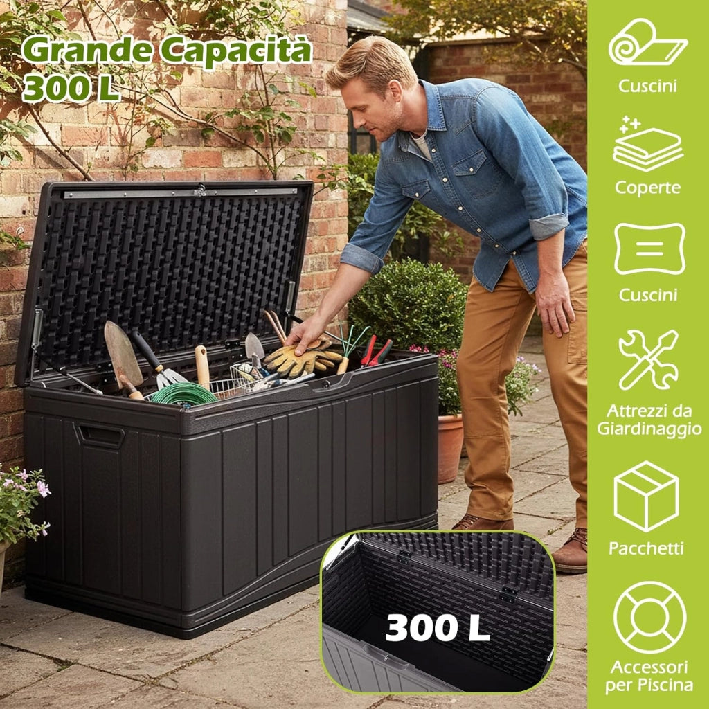 Baule da Esterno 300L Impermeabile in Resina, Cassapanca Contenitore da Esterno con Pistoni a Gas, Predisposizione per Serratura e 2 Maniglie Laterali, Resistente, 114 x 55 x 61 cm (Marrone)