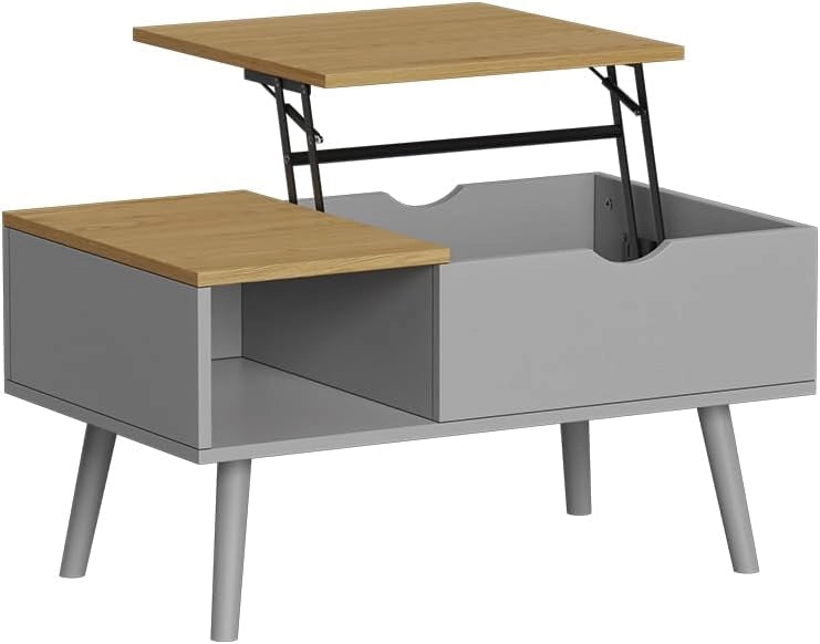 tavolino soggiorno Stora, Bianco/quercia, 76 x 45 cm con funzione di sollevamento, piano del tavolo regolabile in altezza e vano portaoggetti aperto