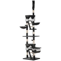 Tiragraffi per Gatti a Soffitto con Altezza Regolabile 240-260 cm, Albero Tiragraffi per Gatti Multilivello con Cucce, Amache e Scale, Corde in Sisal, Grigio Scuro e Bianco