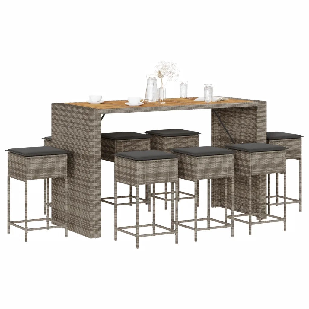 vidaXL Set Bar da Giardino 9 pz con Cuscini in Polyrattan Grigio