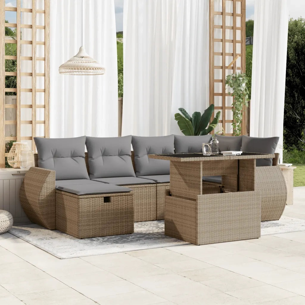 Set Divani da Giardino 7 pz con Cuscini Beige in Polyrattan