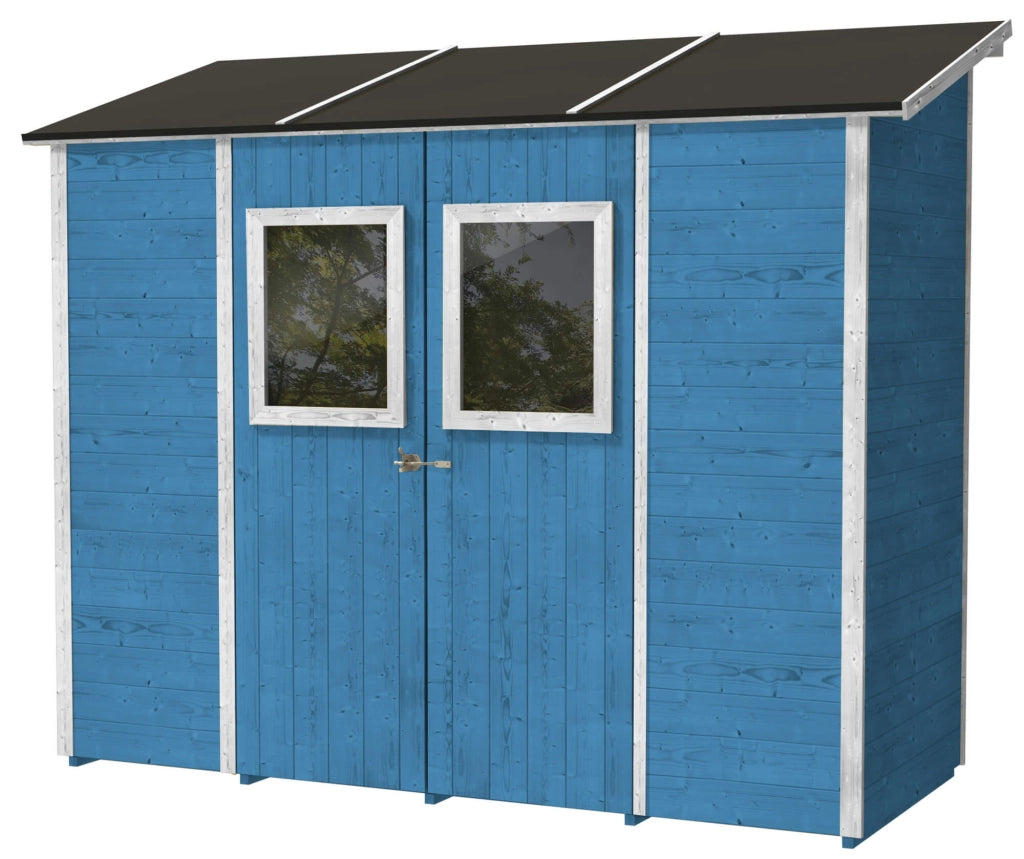 Casette Box da Giardino in Legno Porta Utensili 245x102x224 cm con 2 Porte e Finestre Ecla Azzurra