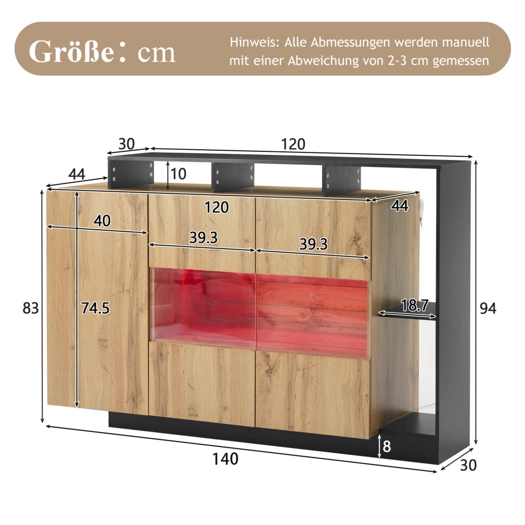 Sideboard LED 140x44x94 cm in MDF effetto legno con ante in acrilico