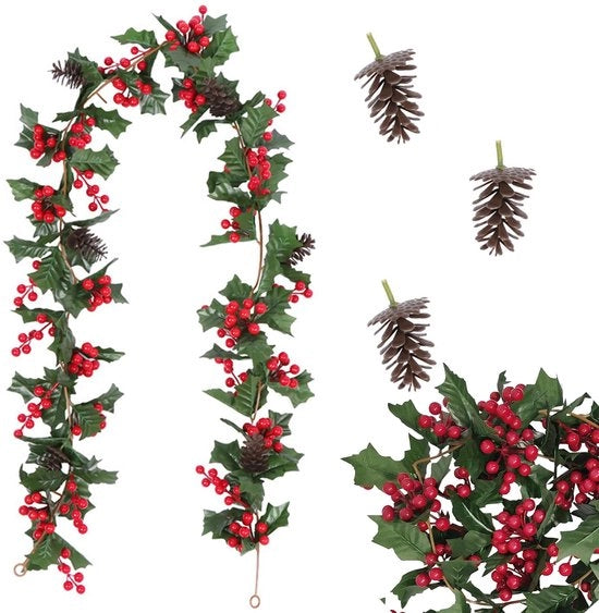 Decorazione natalizia con ciliegie artificiali, baccelli di mirto, slanciate ciliegie rosse artificiali, slanciate decorazioni natalizie realistiche, per Capodanno, camino, decorazione da tavolo (175 cm)
