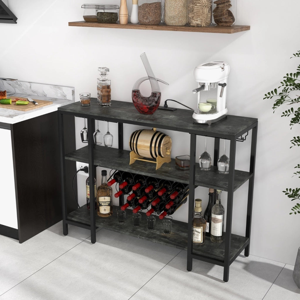 Mobile bar vino con 3 ripiani porta calici porte USB e prese struttura in metallo-Portabottiglie industriale Grigio scuro