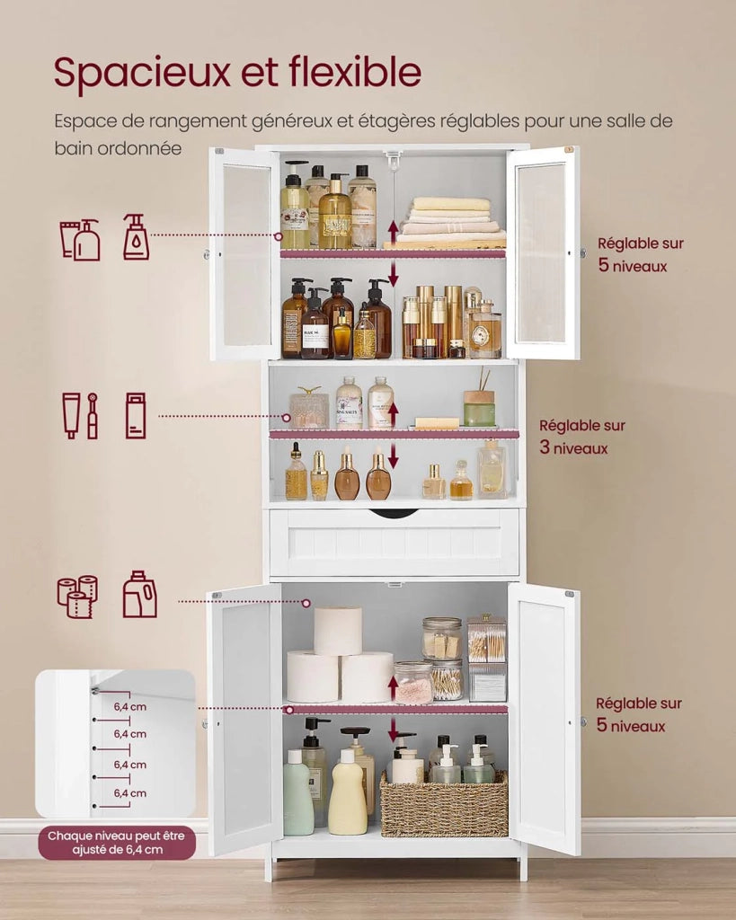 Mobiletto da bagno con illuminazione 30 x 60 x 170 cm con ripiani regolabili cassetto e vani a giorno per bagno soggiorno o sala da pranzo bianco 12_0008023