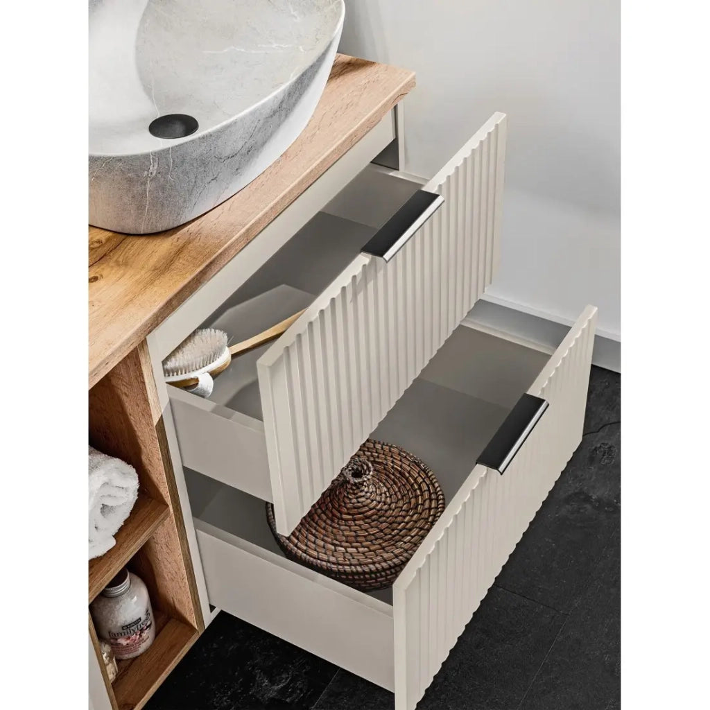 Mobile sottolavabo NOXERA – 80 cm – 2 cassetti – Beige opaco – Finiture di alta gamma sospese