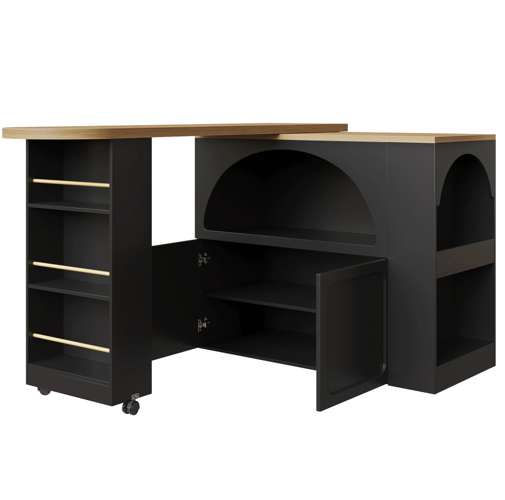 Bancone bar 135-205x39x100 cm con LED; ruote e vano contenitore in MDF nero