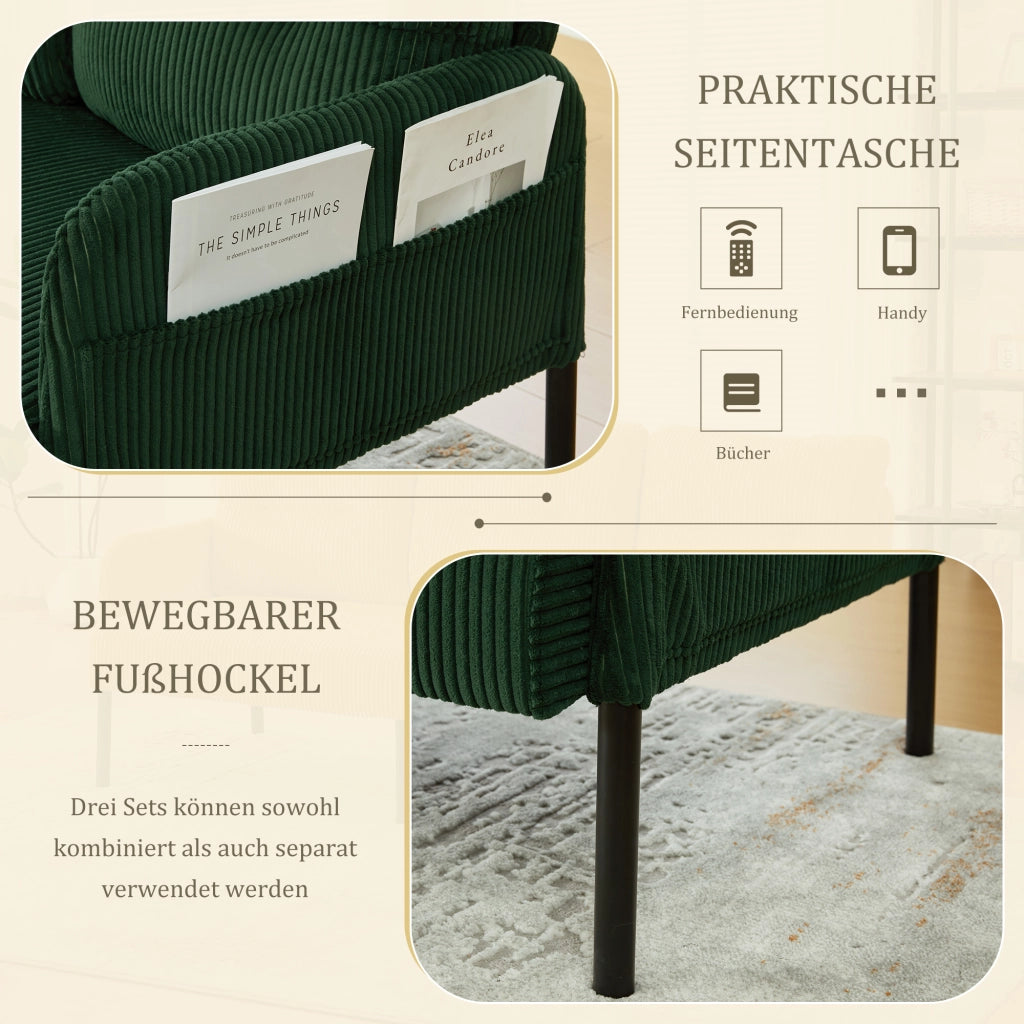 Divano a 3 posti in tessuto effetto velluto con schienale ergonomico tasca laterale e struttura stabile verde smeraldo