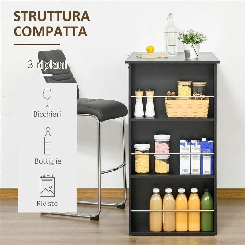 BANCONE DA CUCINA TAVOLO ALTO CON 3 MENSOLE IN LEGNO 112X57X106CM NERO