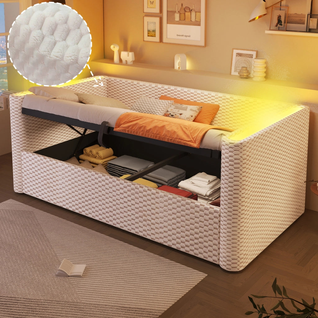 Letto giorno con illuminazione LED in velluto beige 90x200 cm