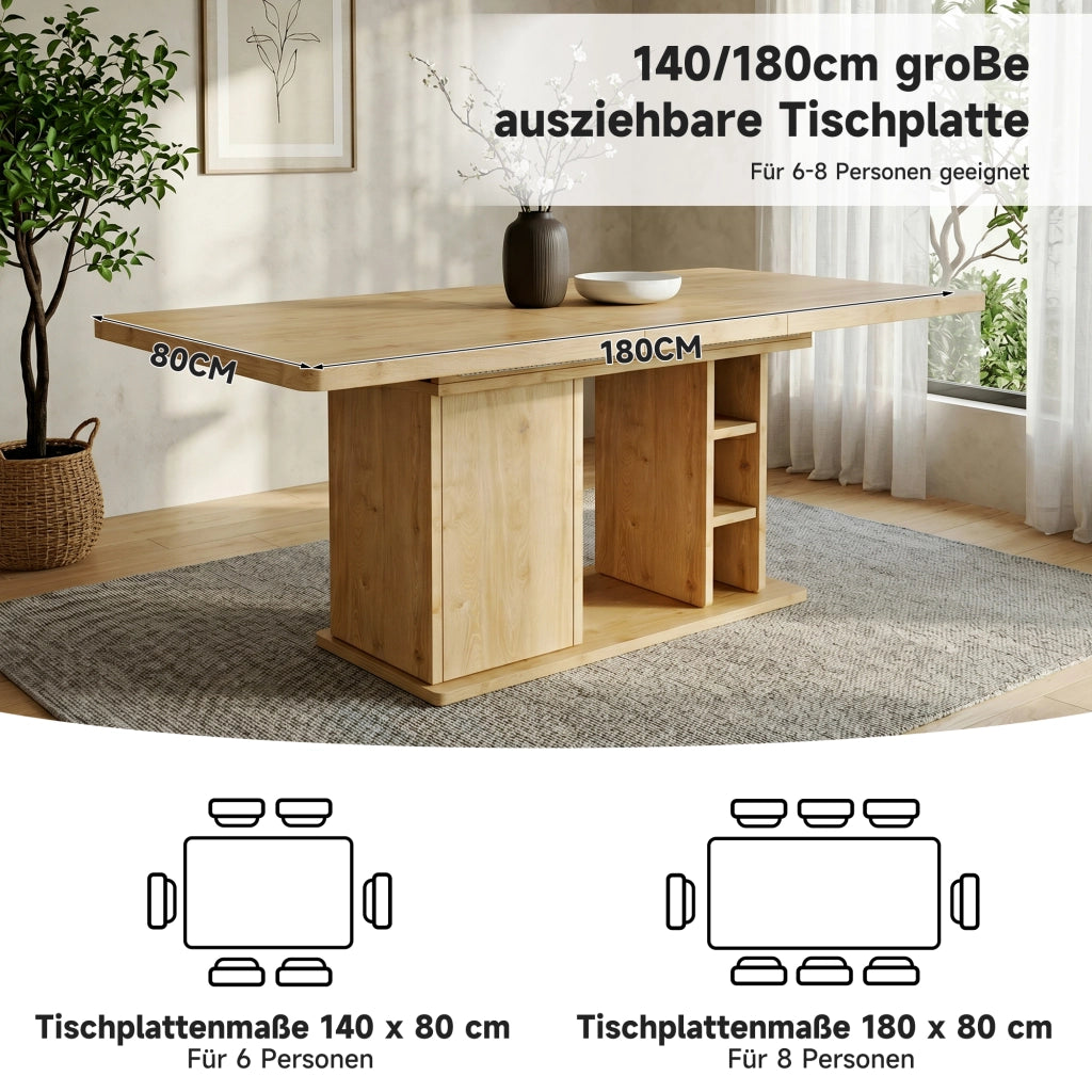 Tavolo da pranzo - estraibile 140/180x80 cm - con vano - per 6-8 persone - stile scandinavo - rovere