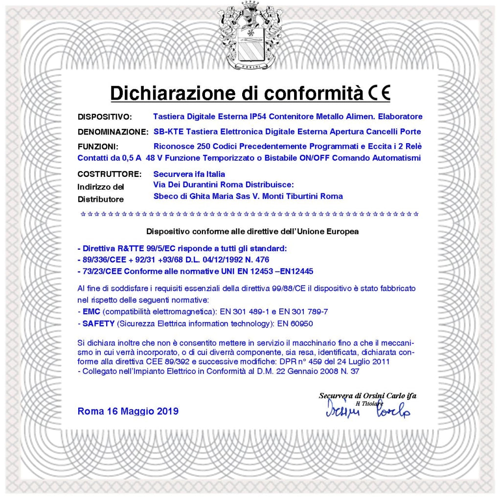 Tastiera Retroilluminata Digitale Esterna Antivandalo BE.PLAY Necessita della Centralina BE-REC 10 Tasti Numerici Collegamento All'elaboratore con 2 Fili Struttura Metallo Protetta IP54 Aggiuntiva