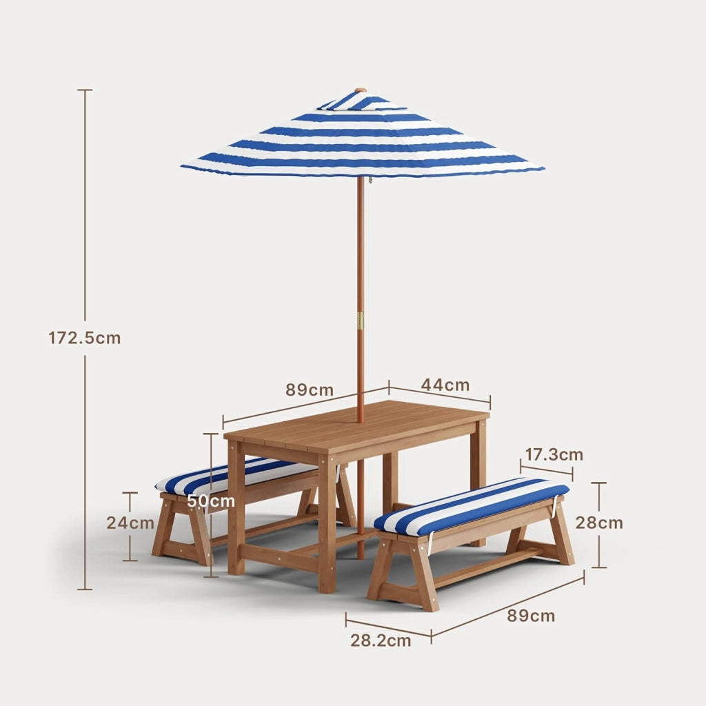 Set da giardino per bambini con parasole, set da esterno con cuscini, tavolo per bambini,tavolo da gioco per cortile,giardino, portico,patio,Blu
