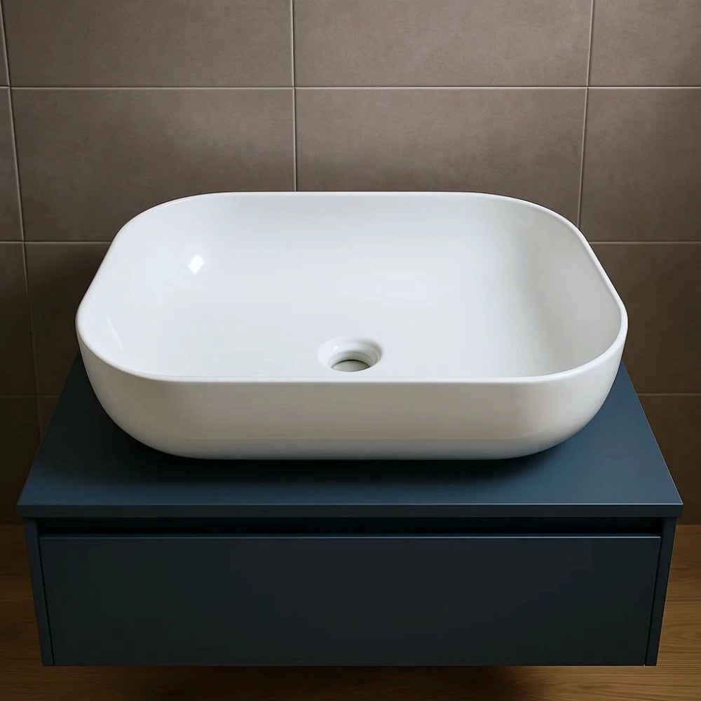 Lavabo da appoggio ceramica bianco rettangolare arredo bagno cm 45,5x32,5x13,5 *** finitura- lucido, confezione 1
