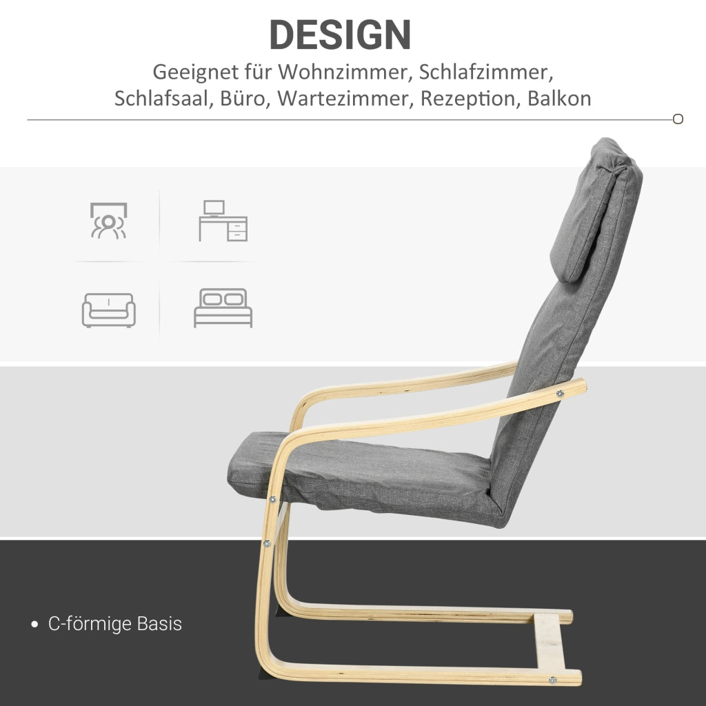 Poltrona con poggiatesta e braccioli ¨C zephmum ¨C Tessuto lino, struttura in legno, Grigio + Naturale