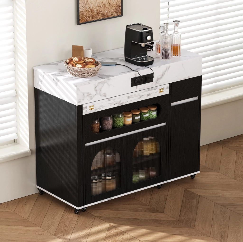 Mobile cucina estensibile nero con prese integrate e ruote