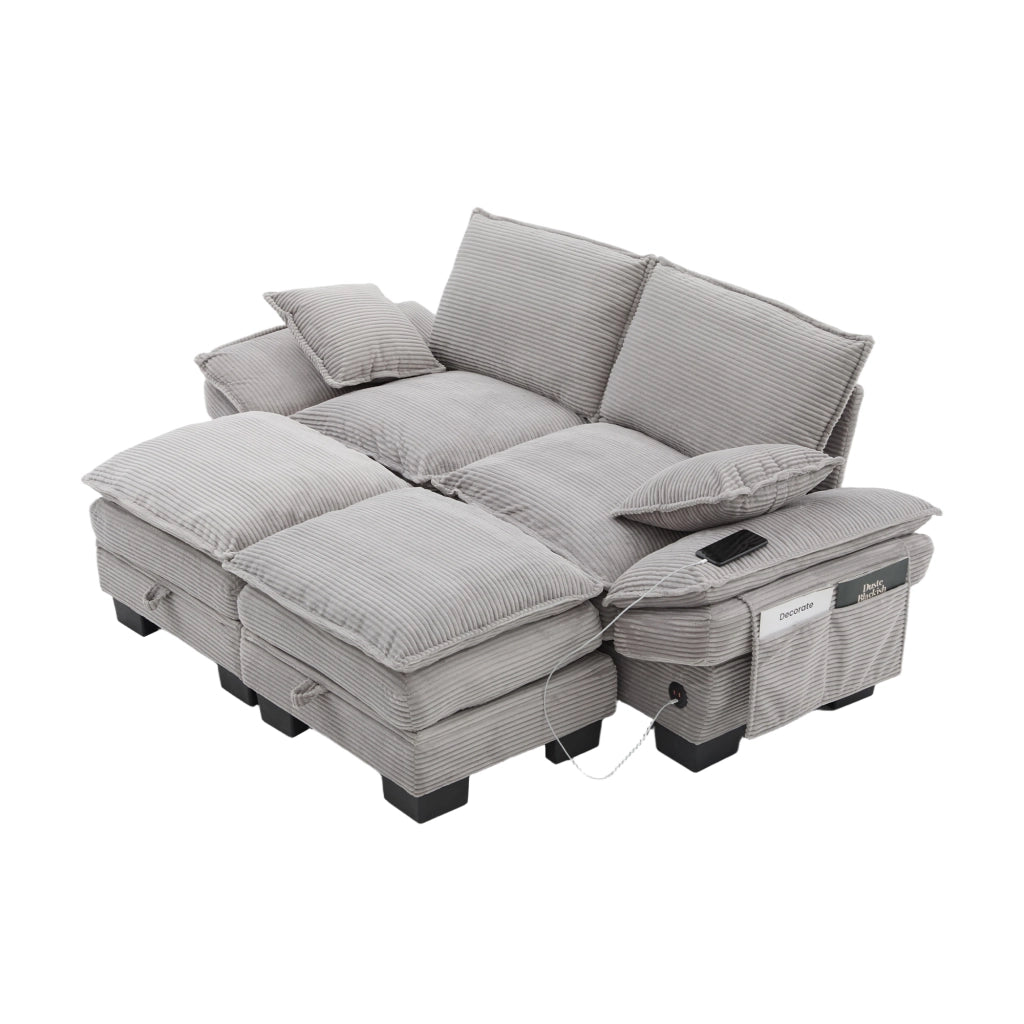 Divano modulare 2 posti in velluto a coste con pouf, usb-c, tasche laterali e seduta ergonomica, grigio chiaro