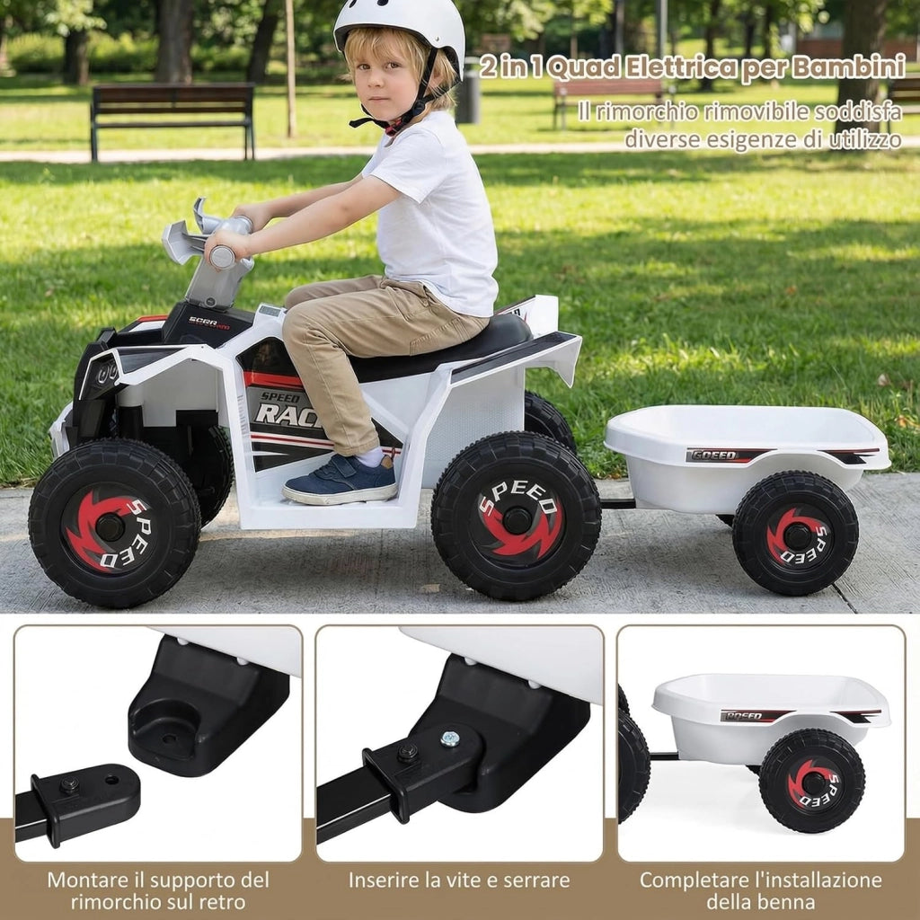 Quad Elettrico per Bambini, ATV elettrico con Rimorchio Posteriore, Macchina Giocattolo a Motore con Ruote Resistenti, 2-3 km/h, Veicolo per Bambini 3 Anni+ (Bianco)