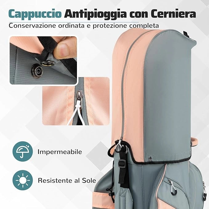 Borsa Carrello da Golf, Sacca da Golf con Serratura e Divisori a 14 Vie, 11 Tasche, Sacca Isolante, Tracolla Imbottita, Maniglie, Porta Ombrello e Cappuccio Antipioggia