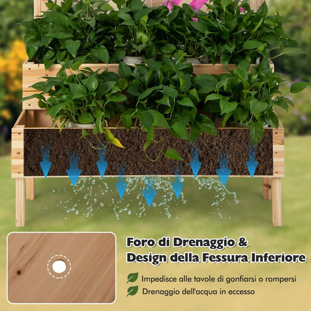 Fioriera da Giardino a 2 Livelli con Traliccio, Letto Rialzatto con Gambe in Legno, Foro di Drenaggio, Fioriera da Interno ed Esterno per Frutta, Verdura, Fiori ed Erbe Rampicanti (Legno)