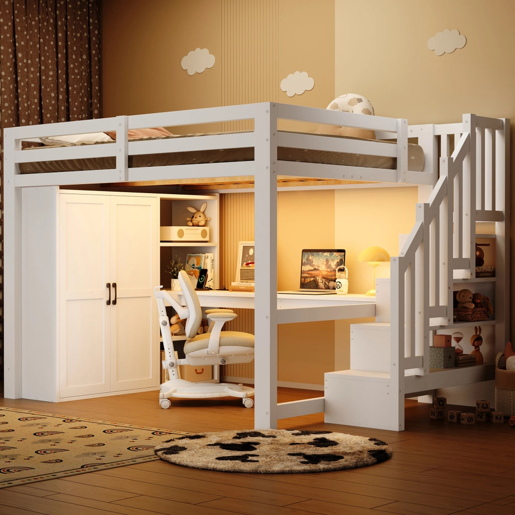 Letto a Soppalco 140x200 cm con Scrivania; Scaffali; Armadio; Scala e LED Bianco