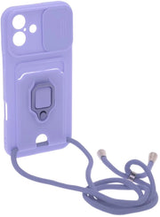 Telaietto di protezione per iPhone 16 Plus con cinturino regolabile, copertura schiusezza, copertura porta carta, portachiavi e catenina per smartphone.