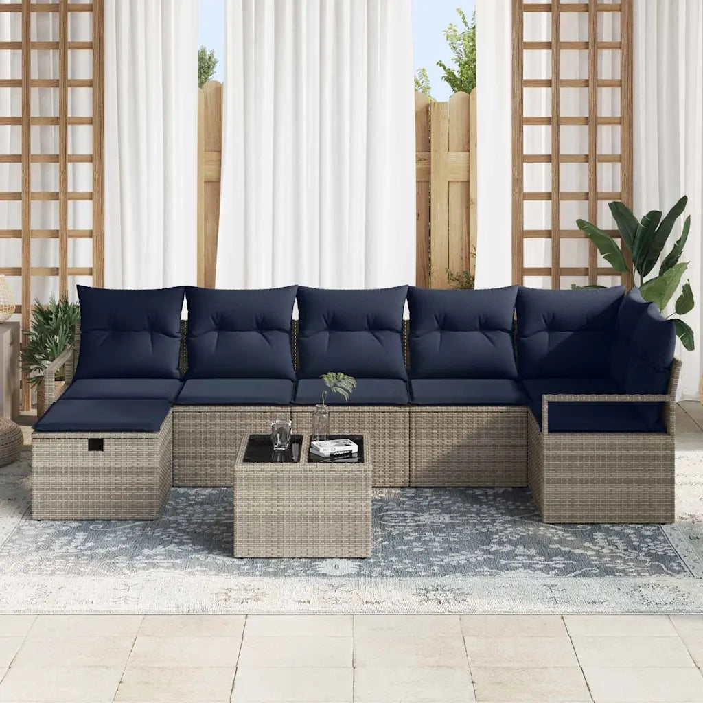Set di divani con cuscino 8 pcs Grigio e Blu Navy polyrattan