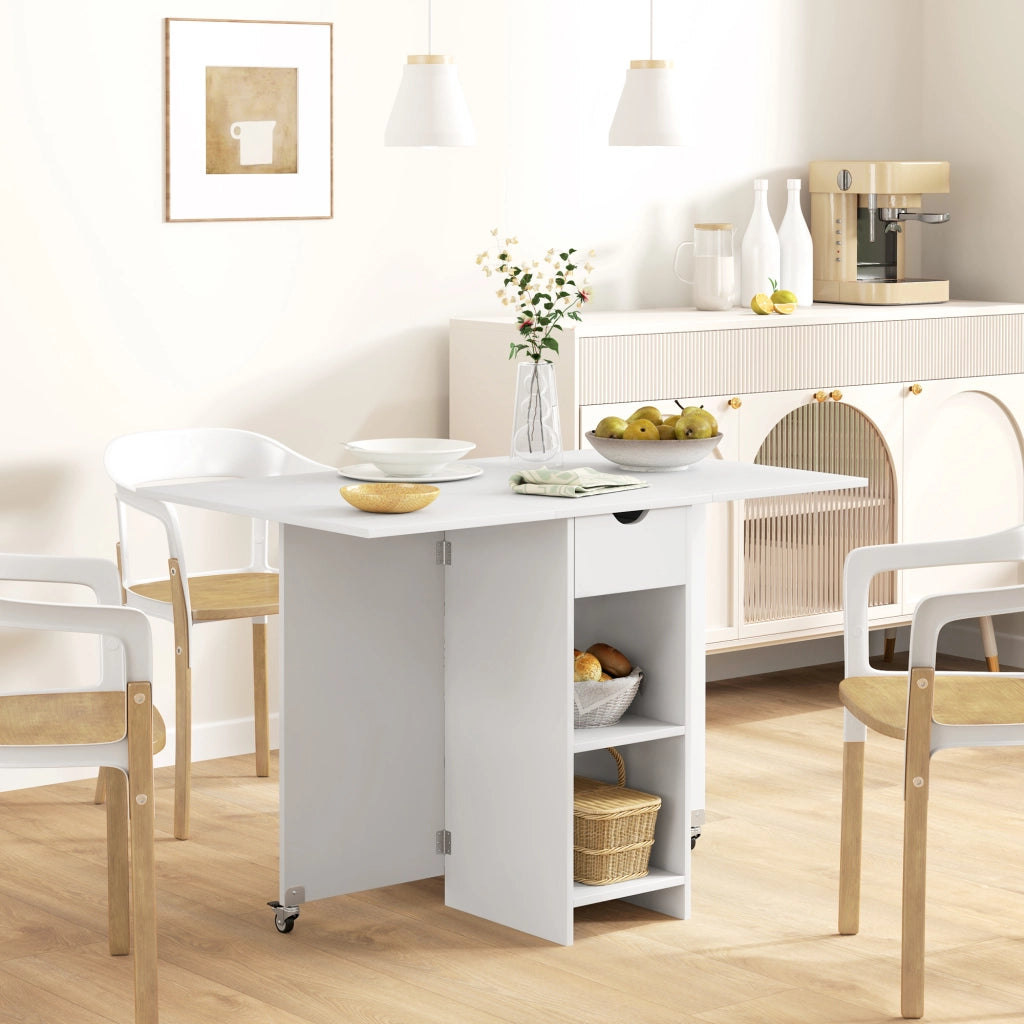 Tavolo da pranzo pieghevole salvaspazio per 2-4 persone, con cassetto e vani aperti, 114,5 x 70 x 75 cm, bianco