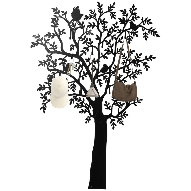 Guardaroba da parete, appendiabiti da parete con design ad albero e uccelli, nero