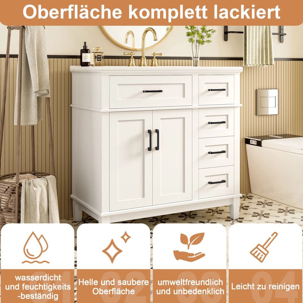 Mobile bagno da terra bianco con lavabo in ceramica, 4 cassetti e ante