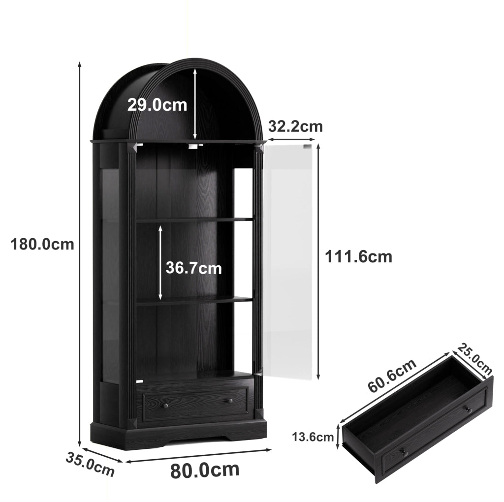 Vetrina ad arco in MDF e vetro con LED a sensore; 80 × 35 × 180 cm; nera
