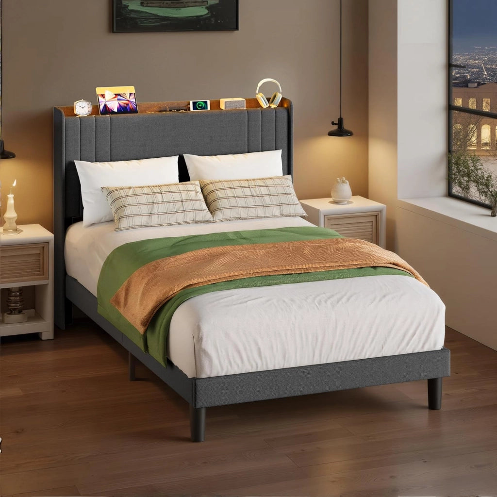 Letto imbottito con luce LED 120 x 200 cm，Piattaforma Struttura letto (2 Prese CA 2 Porte USB), Per le camere degli ospiti e le camere da letto (Beige, 120 x 200 cm)