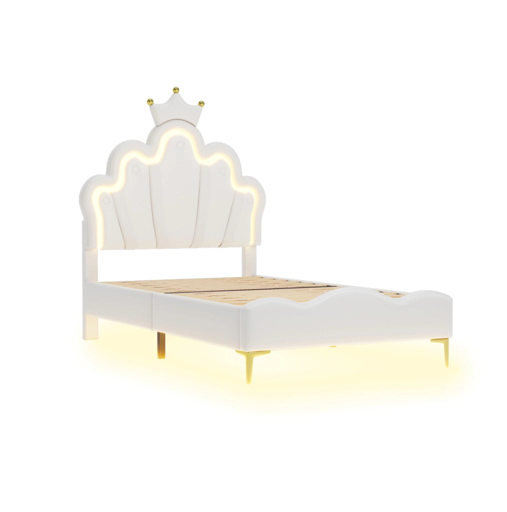 Letto singolo 90x200 cm a corona con LED, rivestimento in PU bianco