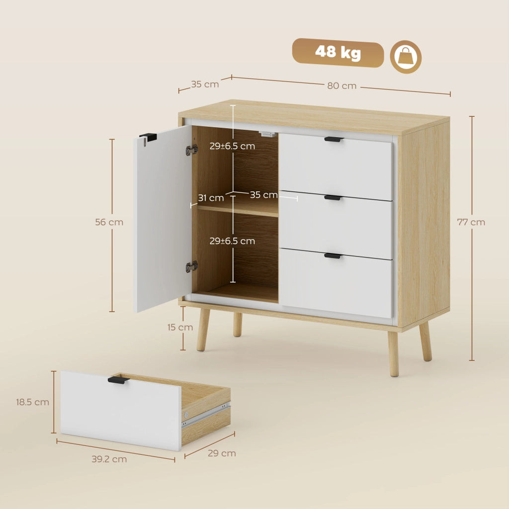 Cassettiera Moderna con Ante e Cassetti ¨C Zephmum ¨C Bianco e Rovere, 80x40x85 cm