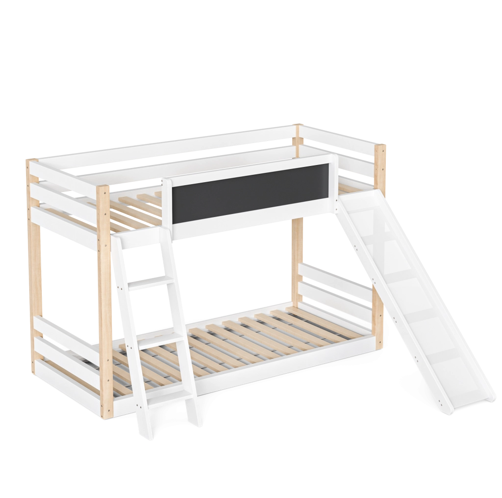 Letto a castello per bambini con scivolo; scala e lavagna; in legno; bianco
