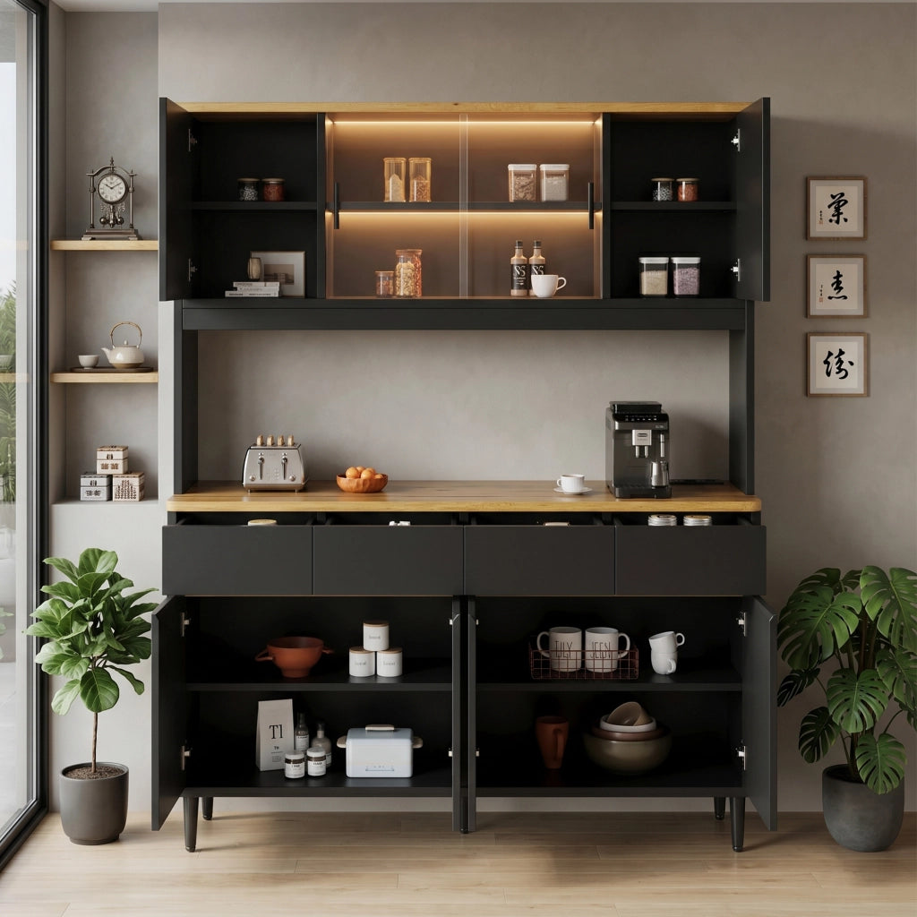 Credenza e madia con LED app, porte in vetro e prese USB, per soggiorno e cucina, in truciolare, nero, 160 × 40 × 185 cm