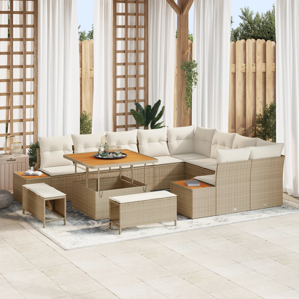 Set Divano da Giardino  in 12 Pezzi con Cuscini Rattan Beige Acacia