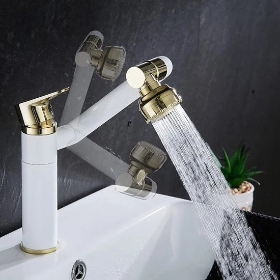 Rubinetto da Lavabo Multidirigente con Rotazione, Tappo da Bagno in Acciaio Inox con Rotazione per Doccia, Rubinetto di Scarico Freddo e Caldo (Bianco Oro)