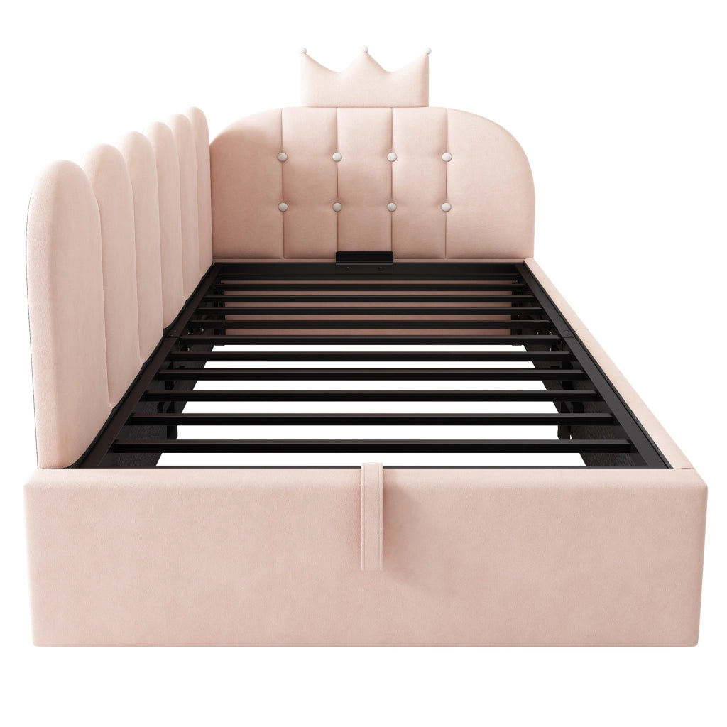 DESMIU Letto Divano 1 Posto con Contenitore Idraulico e Schienale in Velluto 90 × 190 cm Senza Materasso Rosa