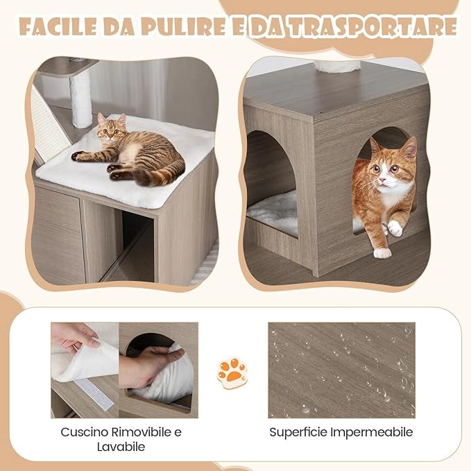 Albero per Gatti con Mobile per Lettiera, Torre per Gatti Moderna 2-in-1 con Doppie Cucce, Piattaforma Superiore, Pali in Sisal, Tiragraffi, Rampino, Piattaforma e Palline, Grigio