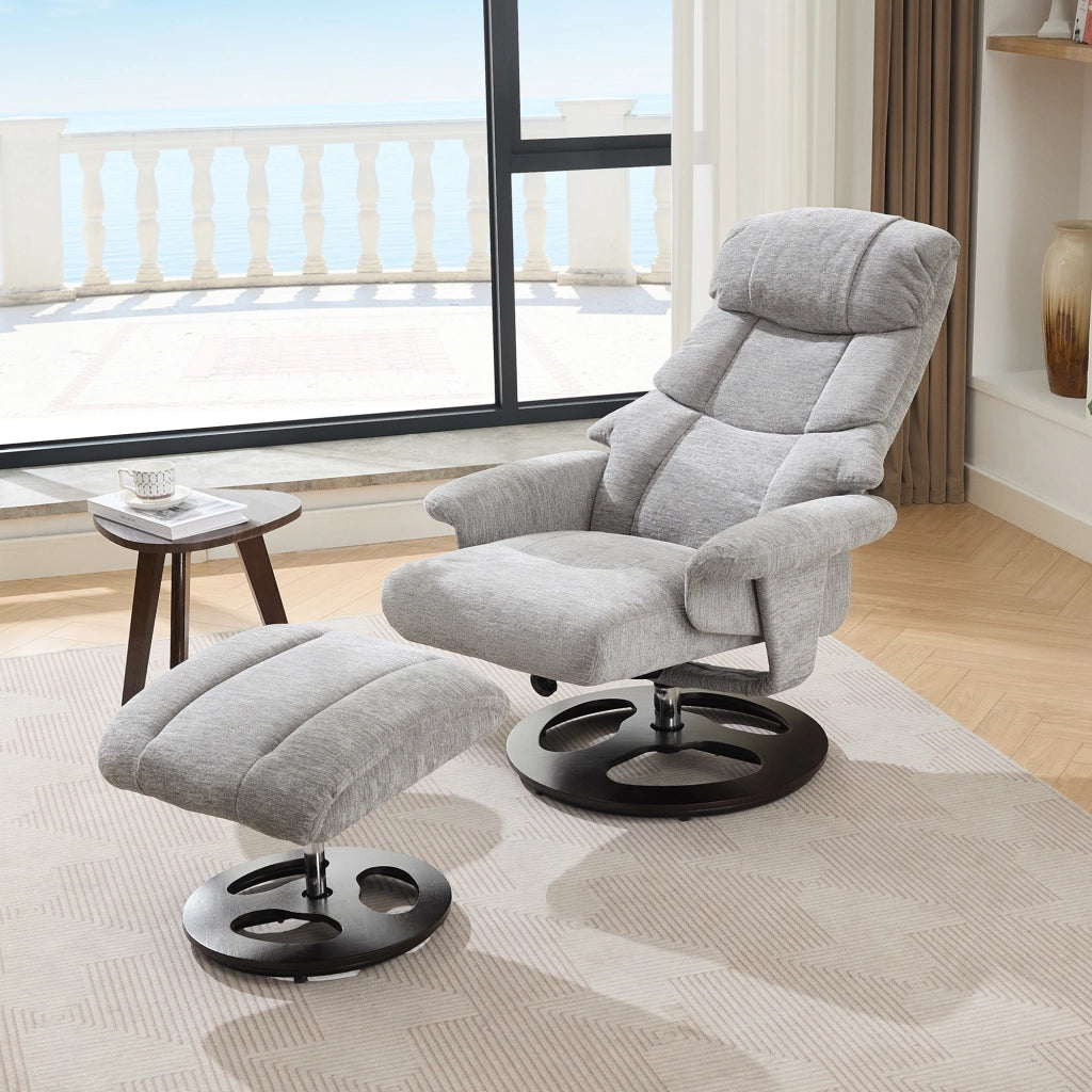 Poltrona relax massaggiante girevole con riscaldamento e poggiapiedi in chenille grigio