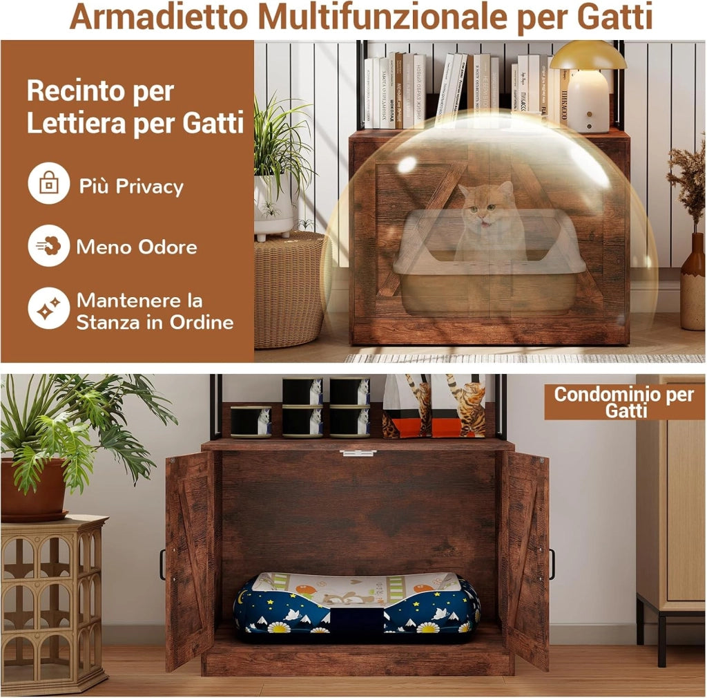 Mobile per Lettiera per Gatti, Mobile Nascosto per Gattini con 3 Ripiani, 4 Ganci, Armadietto a 2 Ante, Ingresso Laterale e Struttura in Metallo, Toilette Industriale per Gatti (Marrone)