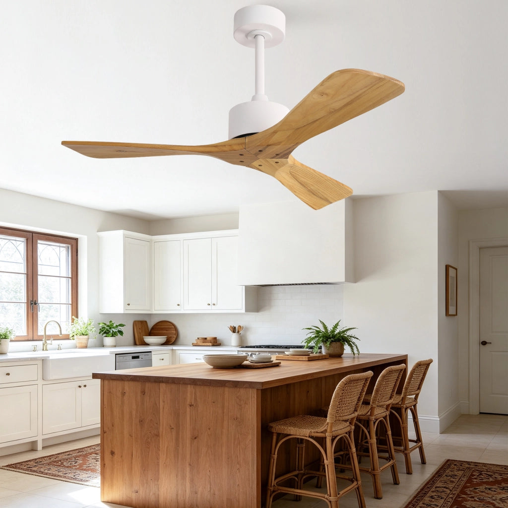Ventilatore da soffitto moderno 42 pollici senza luce, 3 pale ad elica in legno massello naturale, motore DC reversibile silenzioso, design