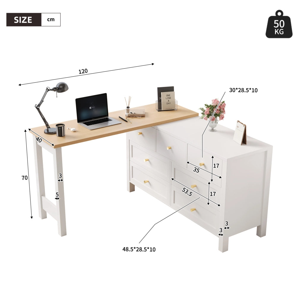 Scrivania girevole 360° con 7 cassetti, effetto rovere